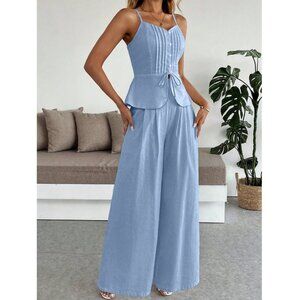 Blue Linen Wide-Leg Two-Piece Set | Button Camisole Top & Flow Pants
